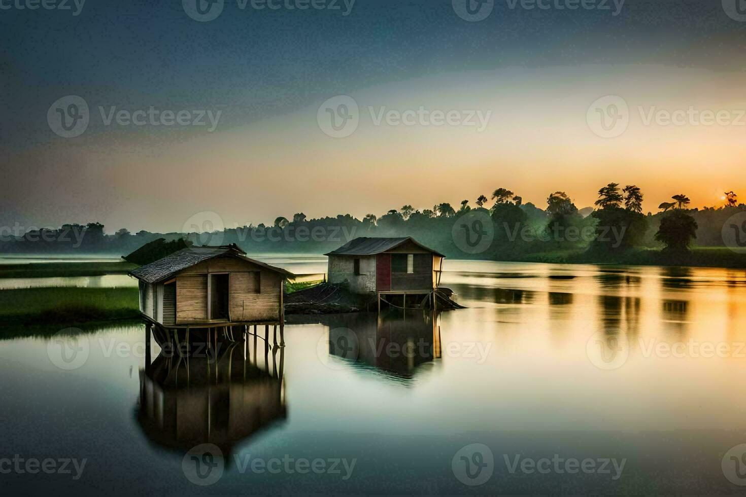 two small houses sit on the shore of a lake at sunset. AI-Generated photo
