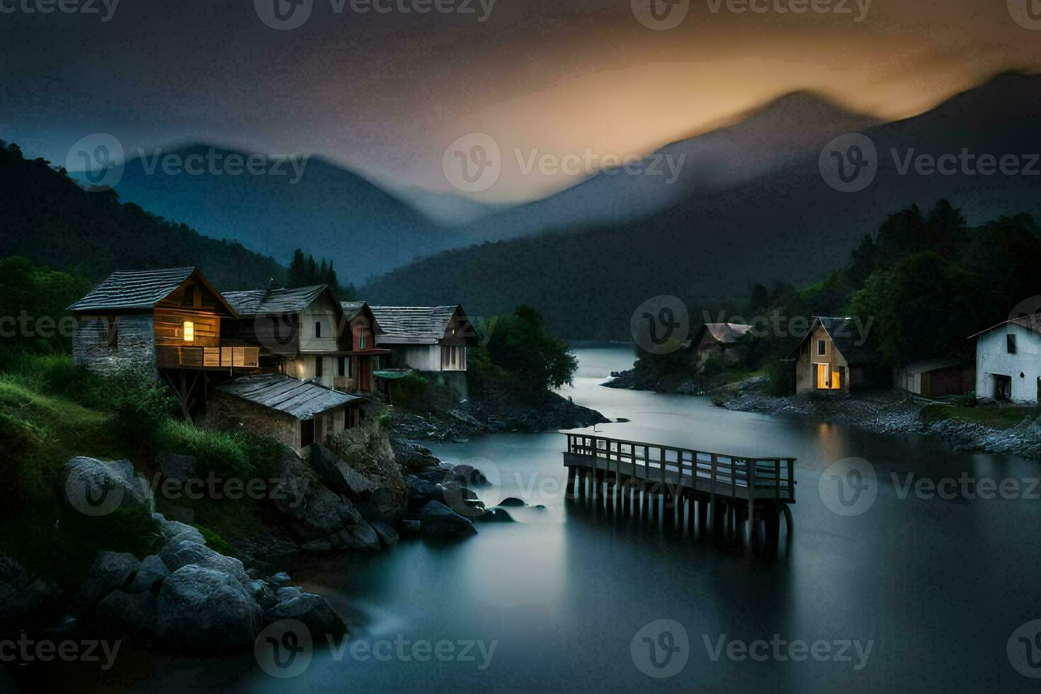 a lake and a small village in the mountains. AI-Generated photo