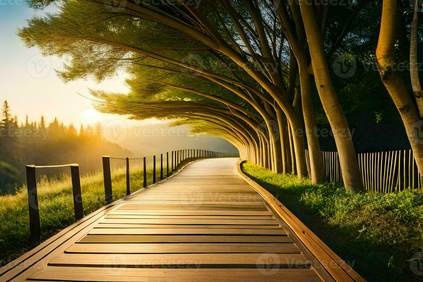 a wooden pathway leads to the sun. AI-Generated photo