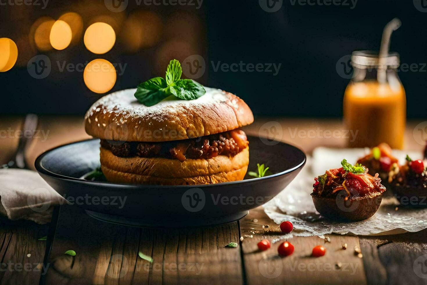 a burger with meat and vegetables on a plate. AI-Generated photo