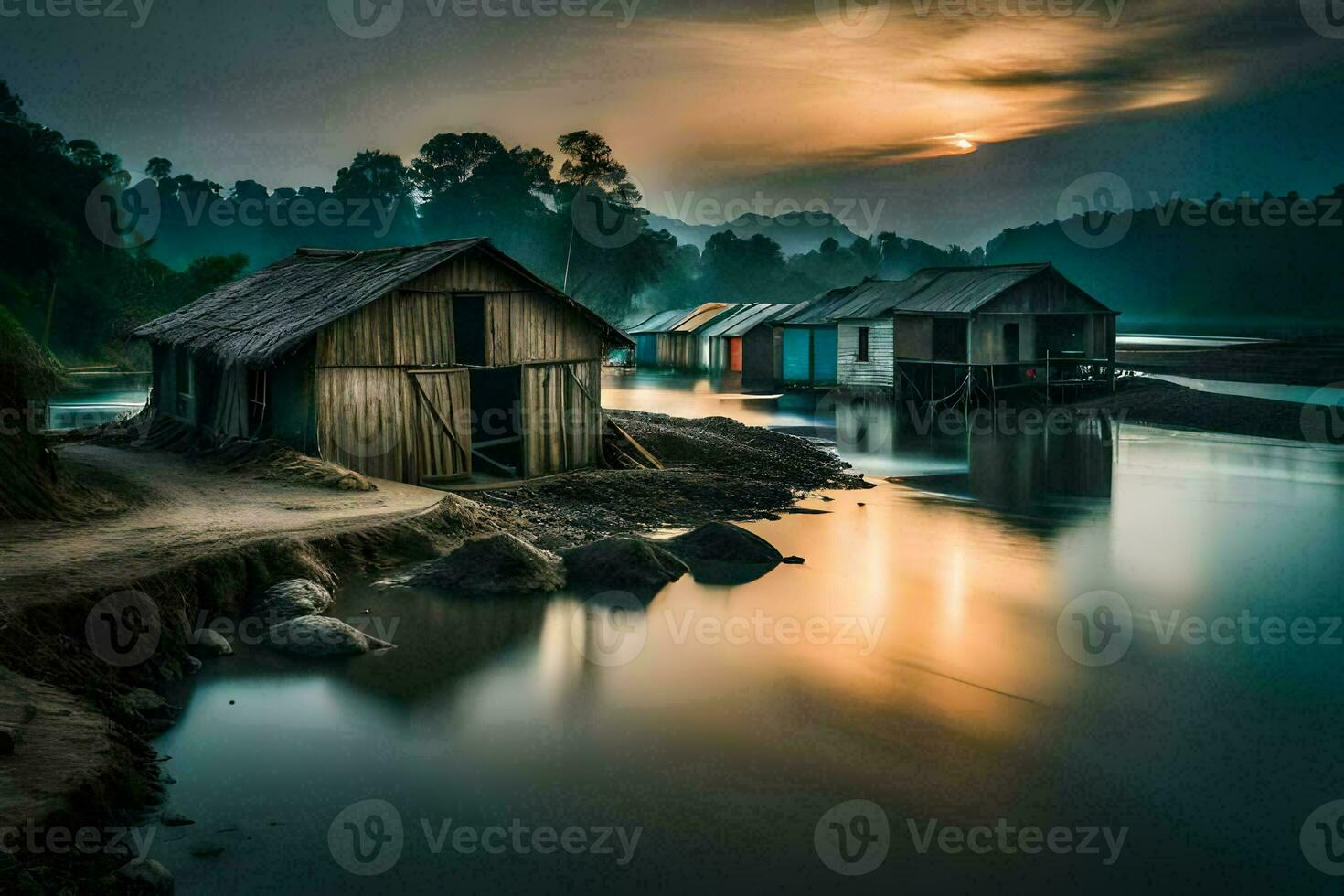 photo wallpaper the sky, water, the sun, the river, the house, the village,. AI-Generated