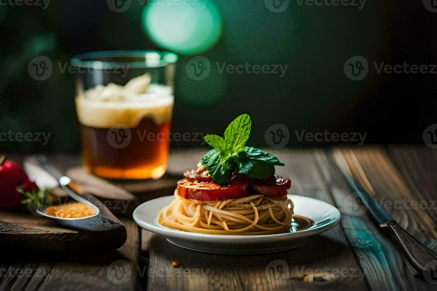 spaghetti with tomato and mint on a wooden table. AI-Generated photo