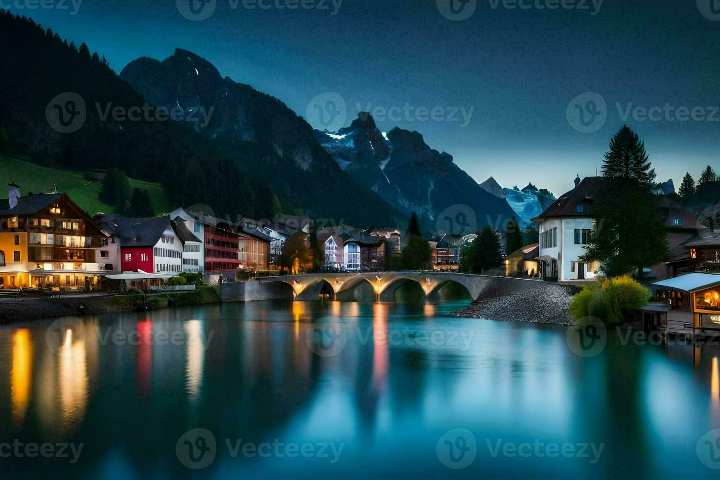 photo wallpaper the sky, mountains, water, town, bridge, river, mountains, switzerland. AI-Generated