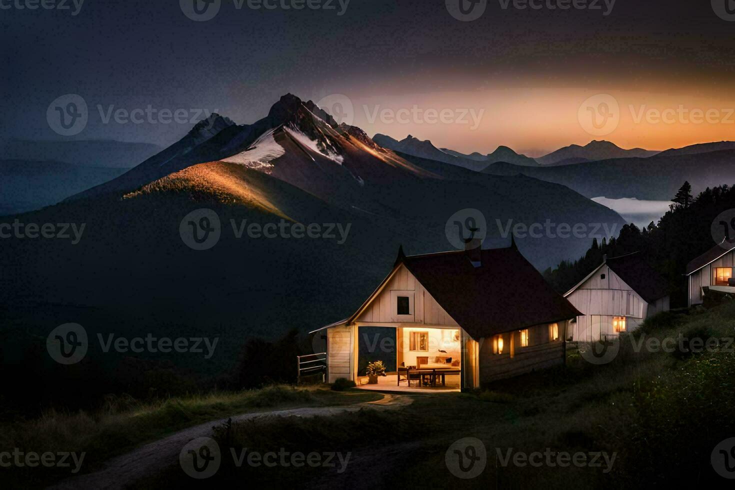 a cabin in the mountains at sunset. AI-Generated photo