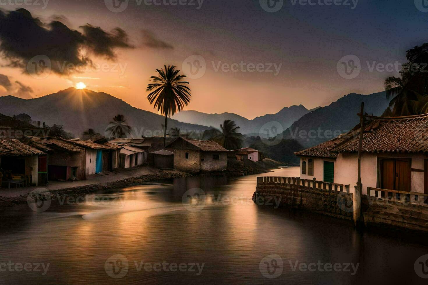 un río carreras mediante un pueblo a puesta de sol. generado por ai foto