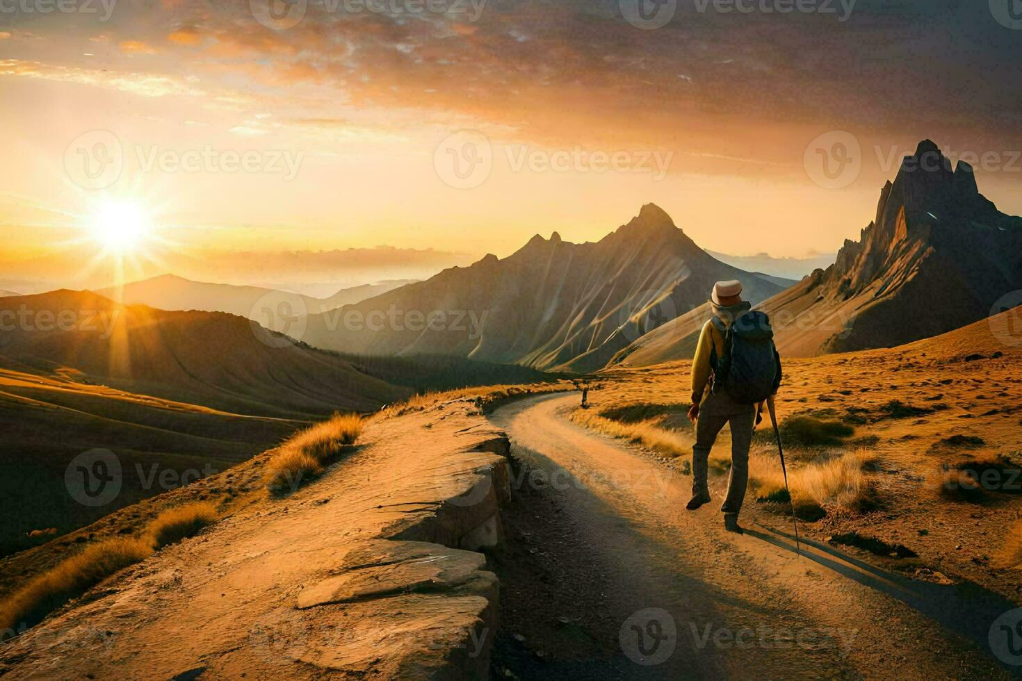 a man walks on a road in the mountains. AI-Generated photo