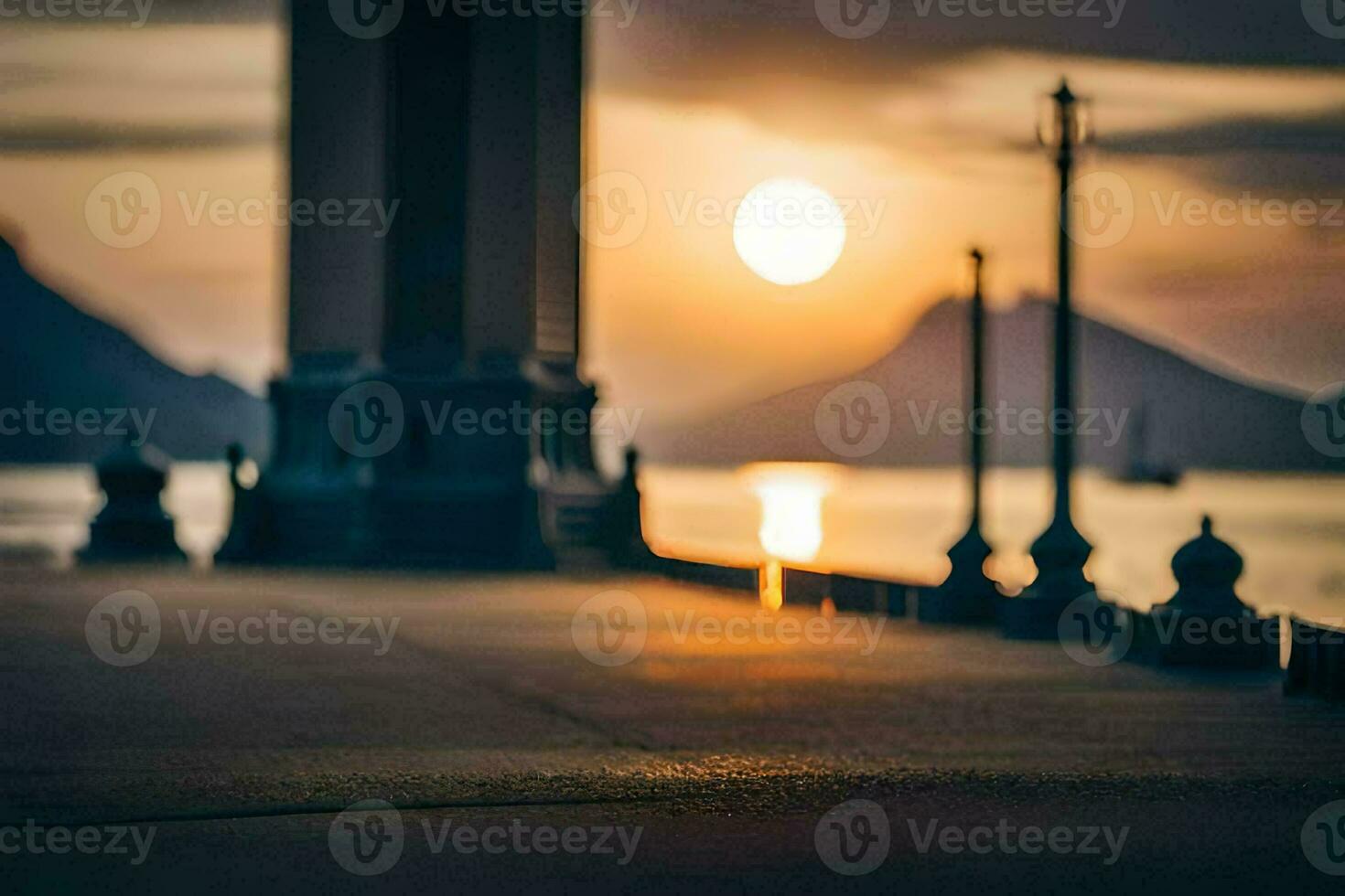 a person walking along the pier at sunset. AI-Generated photo