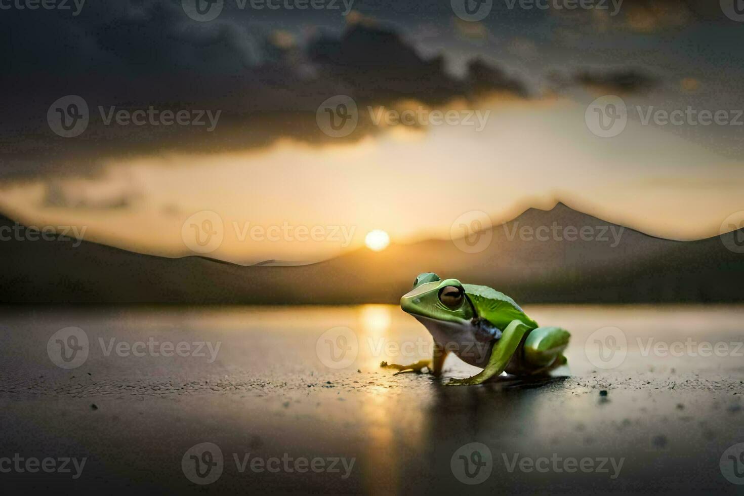 a frog sitting on the ground at sunset. AI-Generated photo