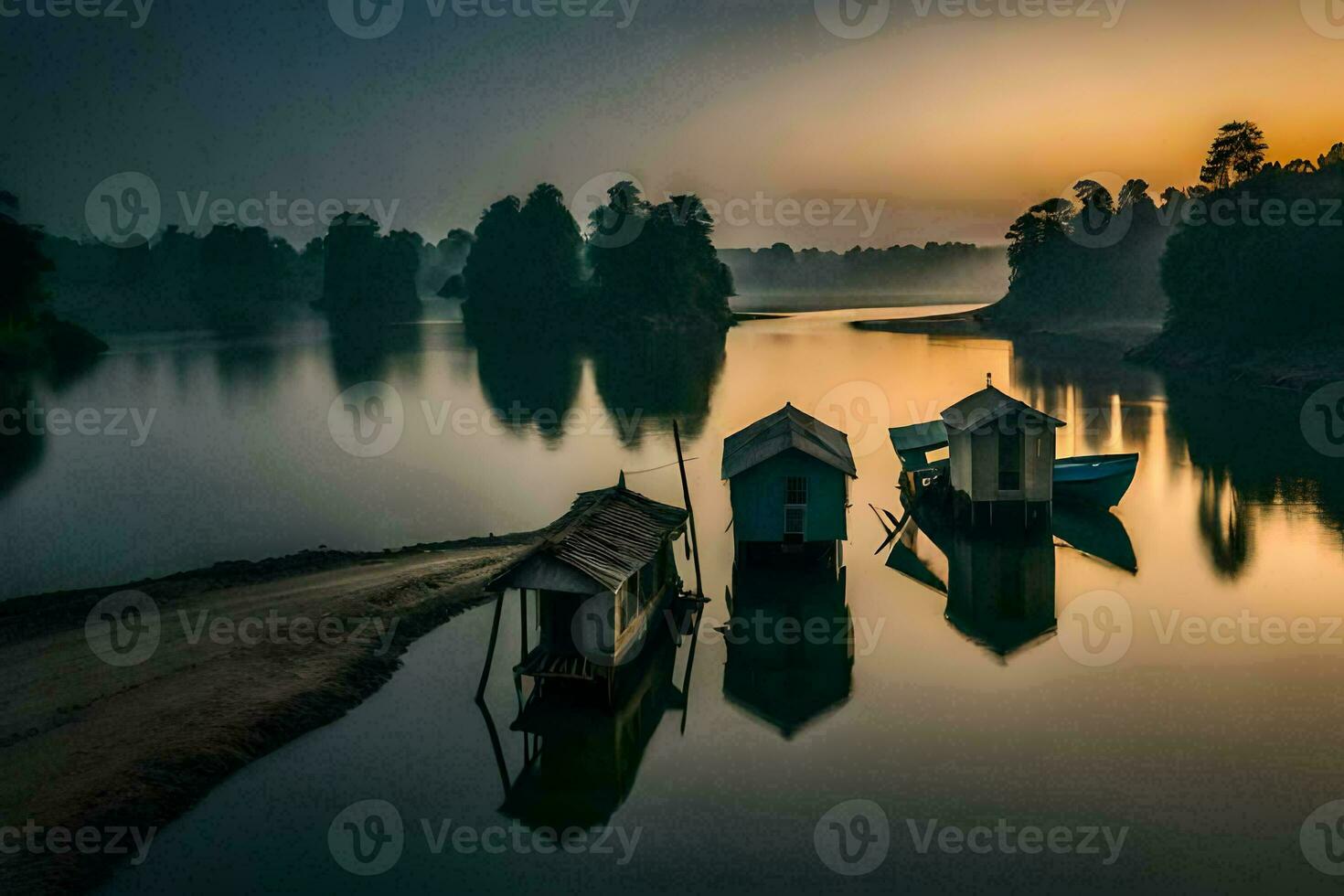 three small boats sit on the shore of a lake at sunset. AI-Generated photo