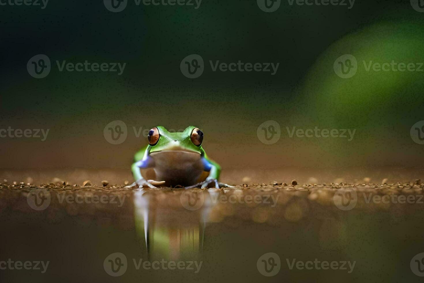 a frog sitting on the ground with its reflection in the water. AI-Generated photo