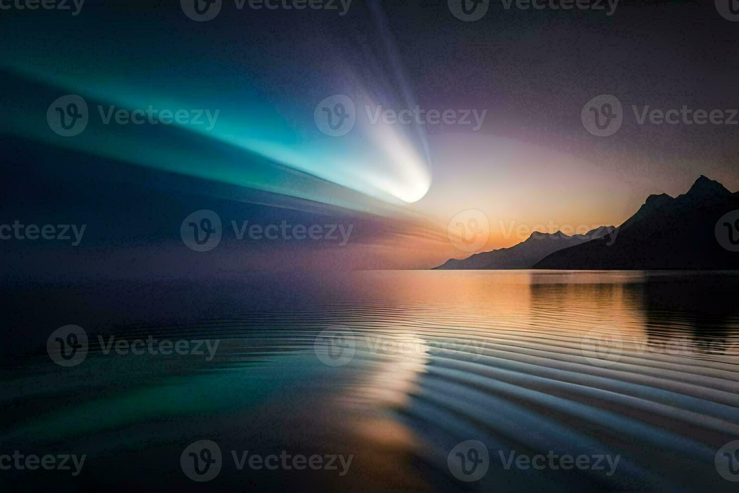 a long exposure photograph of a bright light shining over a lake. AI-Generated photo