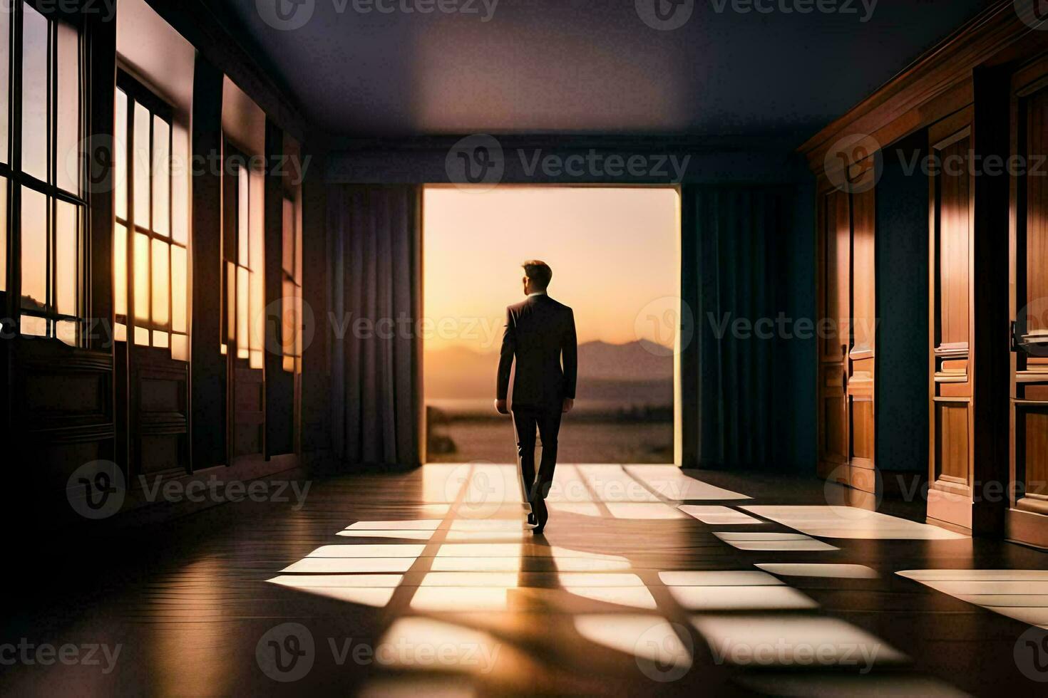 a man walking through an empty room with the sun setting behind him. AI-Generated photo