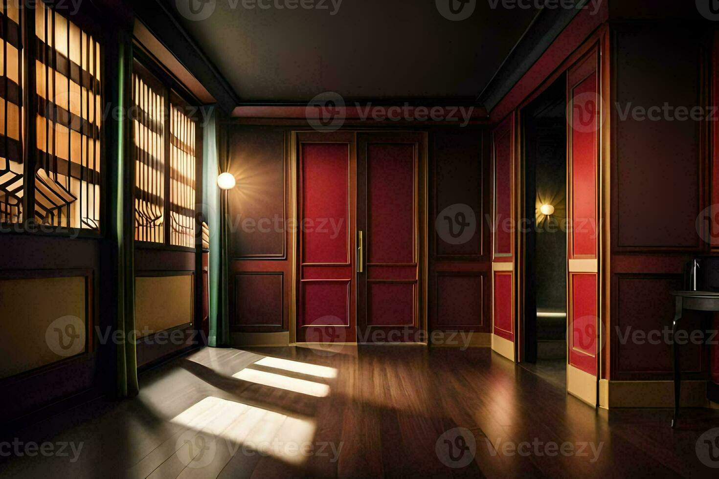 a room with red walls and wooden floors. AI-Generated photo