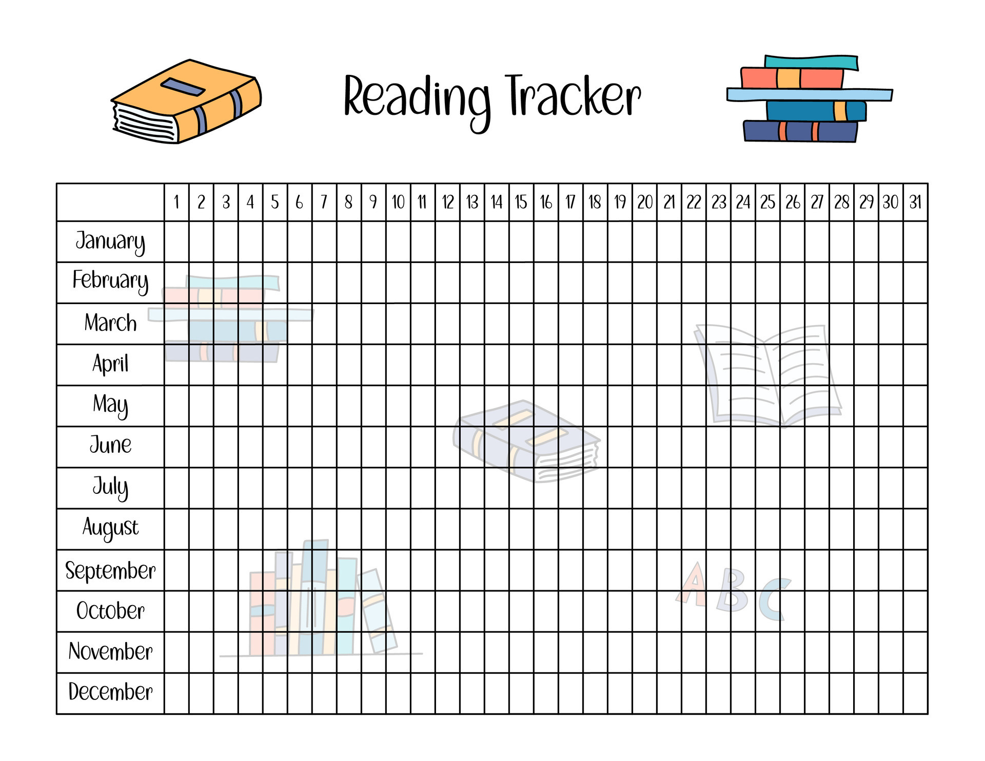 Reading Tracker template for kids. Books reading by day and month Reading Tracker template for kids. Books reading by day and month