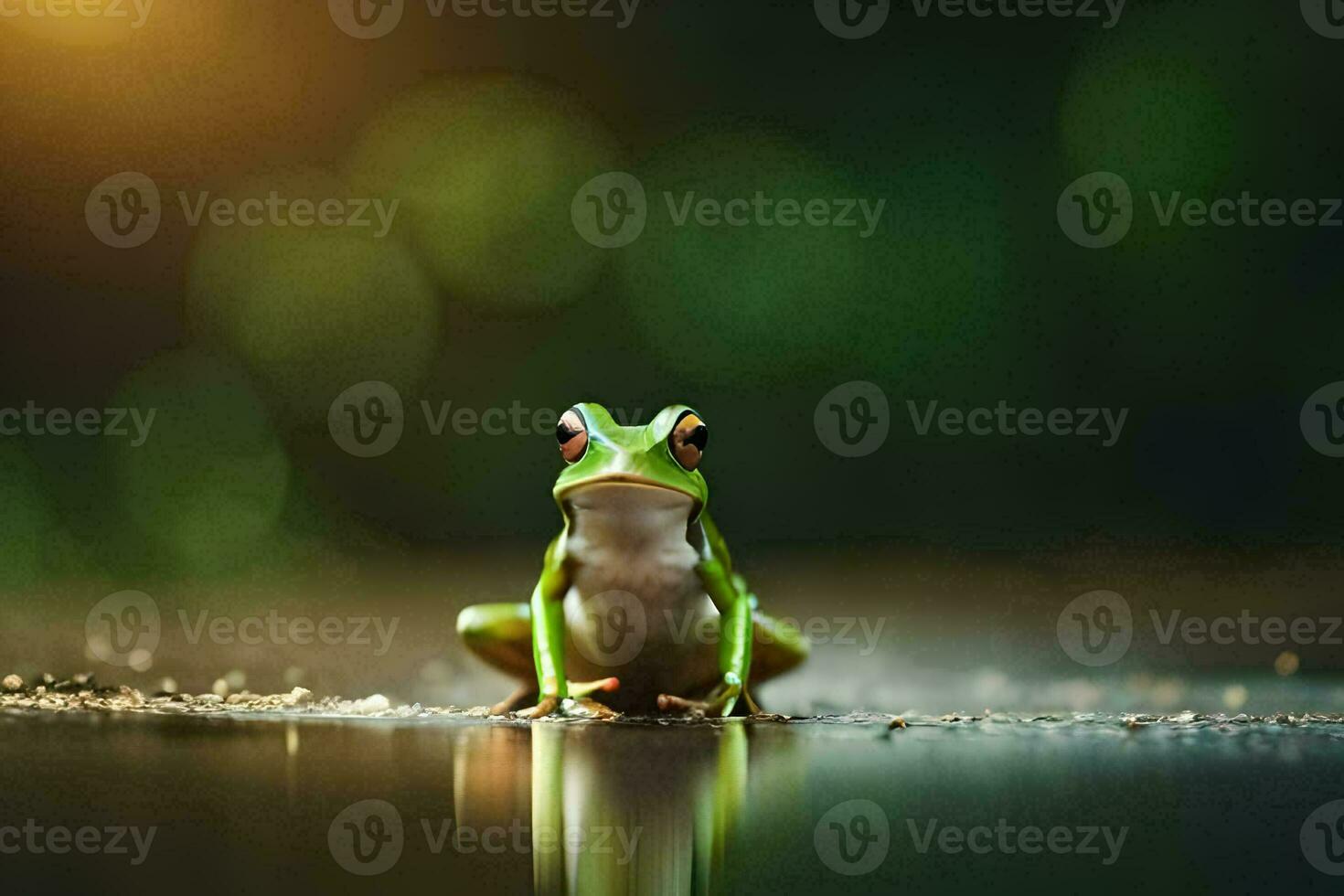 a frog sitting on the ground in the dark. AI-Generated photo