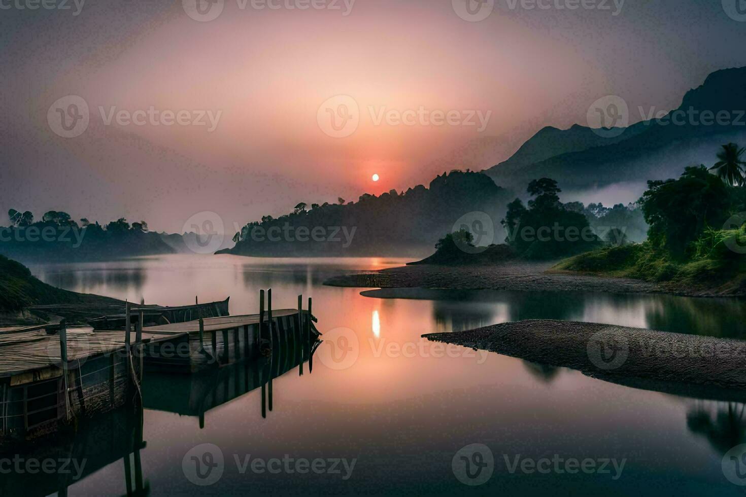 the sun rises over a lake in the mountains. AI-Generated photo