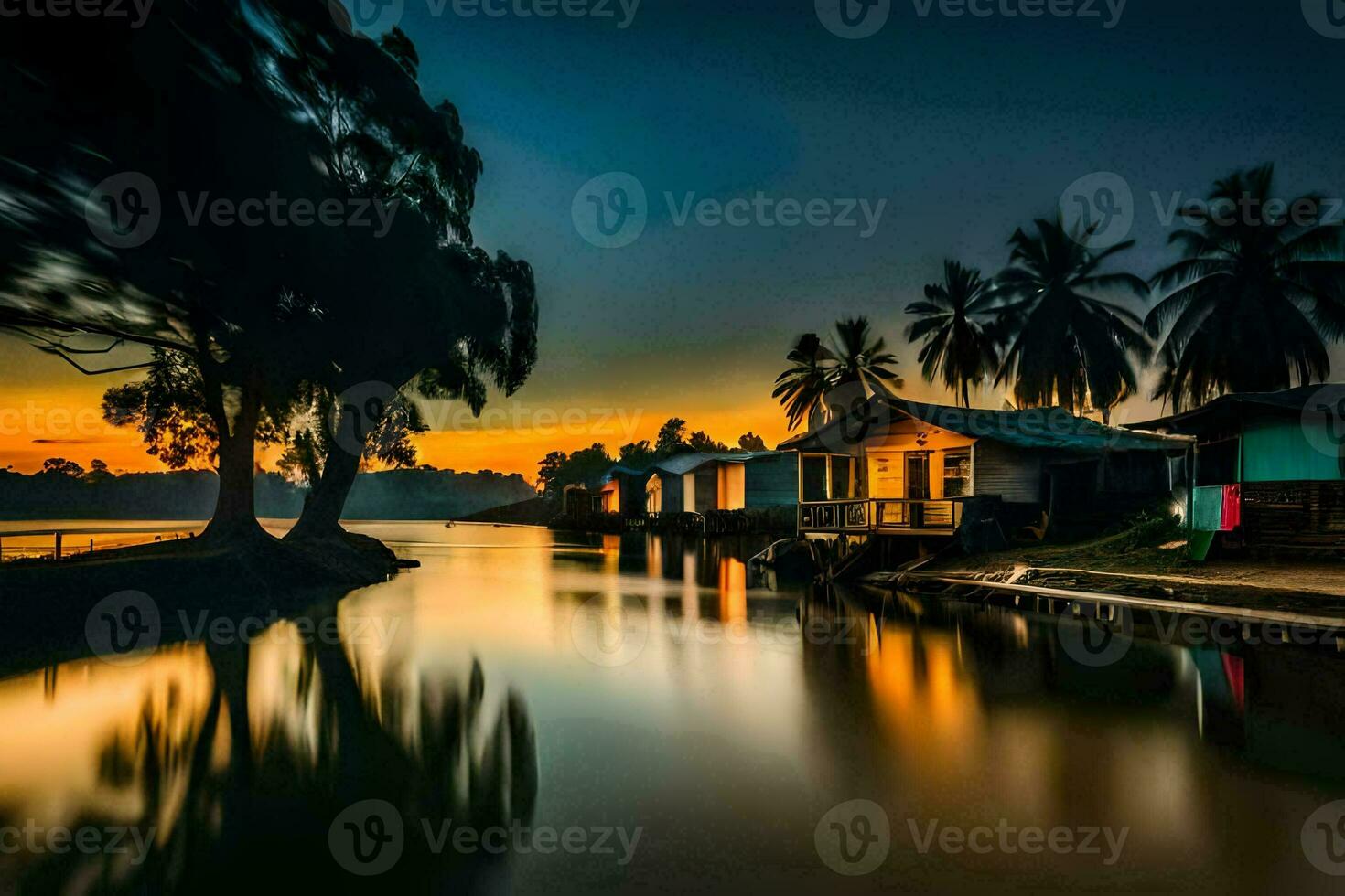 a river with houses and palm trees at sunset. AI-Generated photo