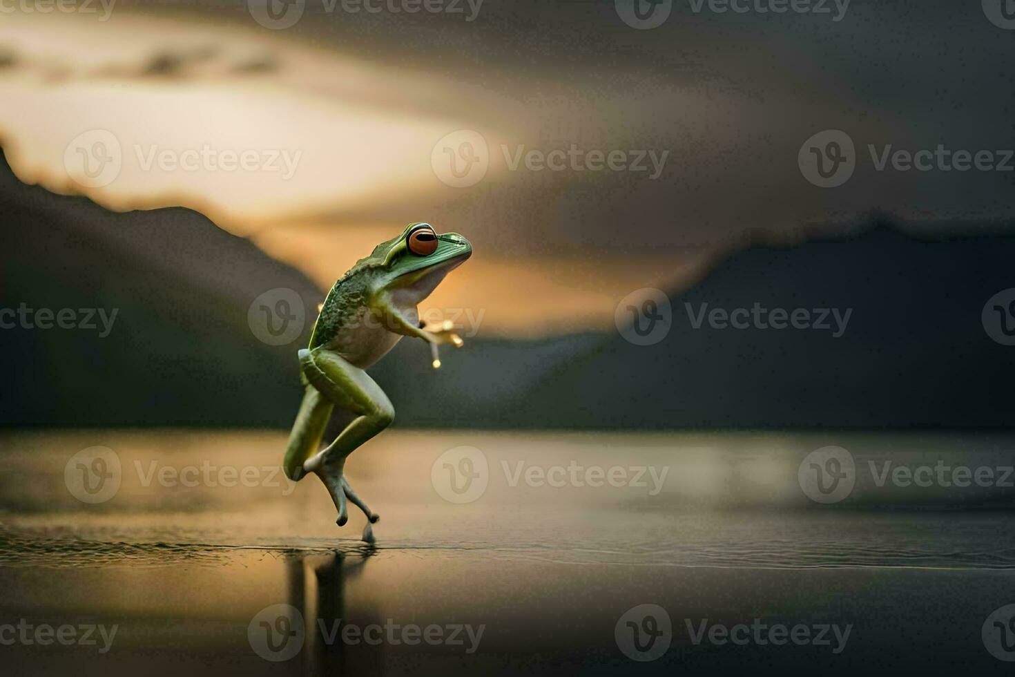 un rana saltando dentro el aire a puesta de sol. generado por ai foto