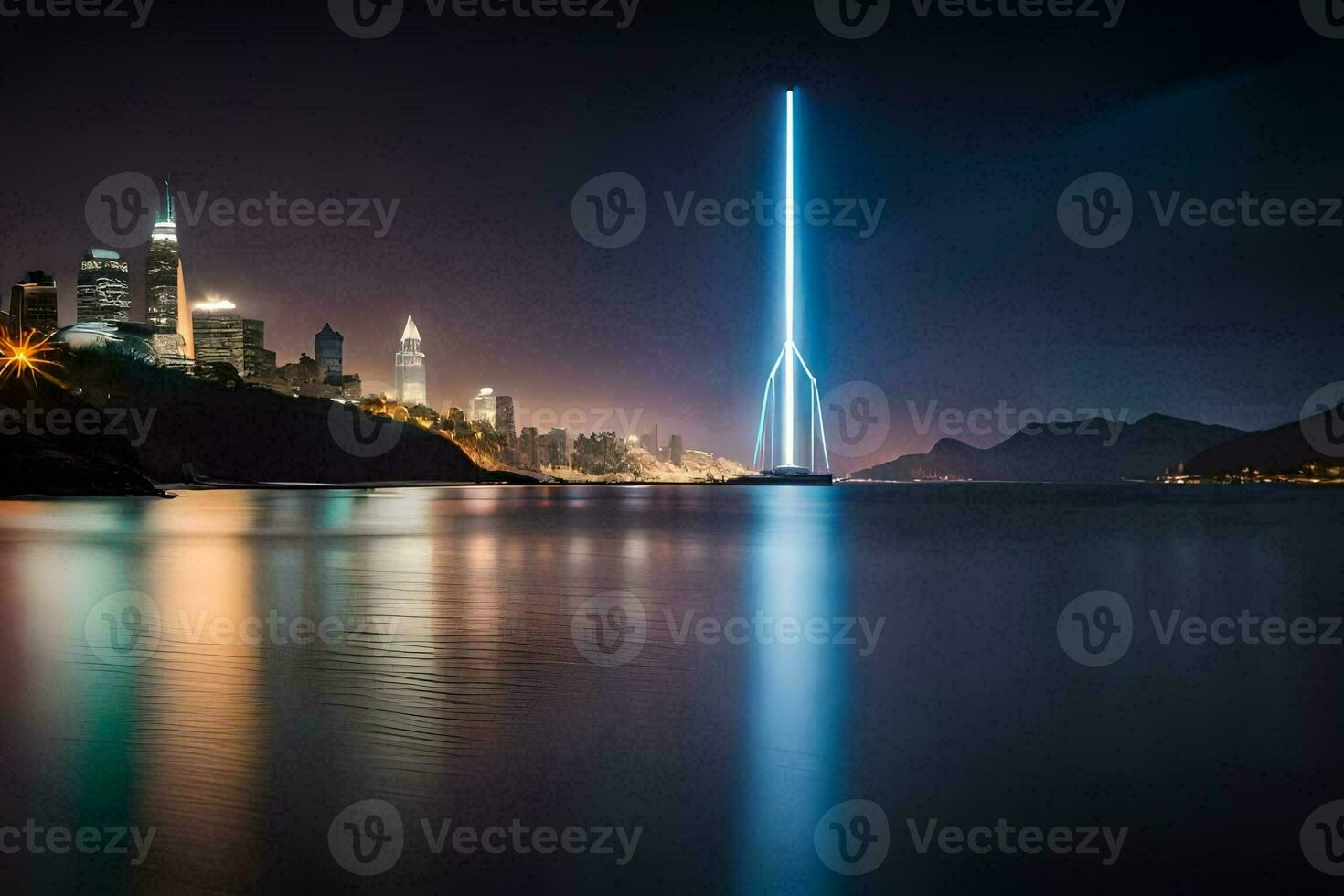 the city lights are reflected in the water. AI-Generated photo