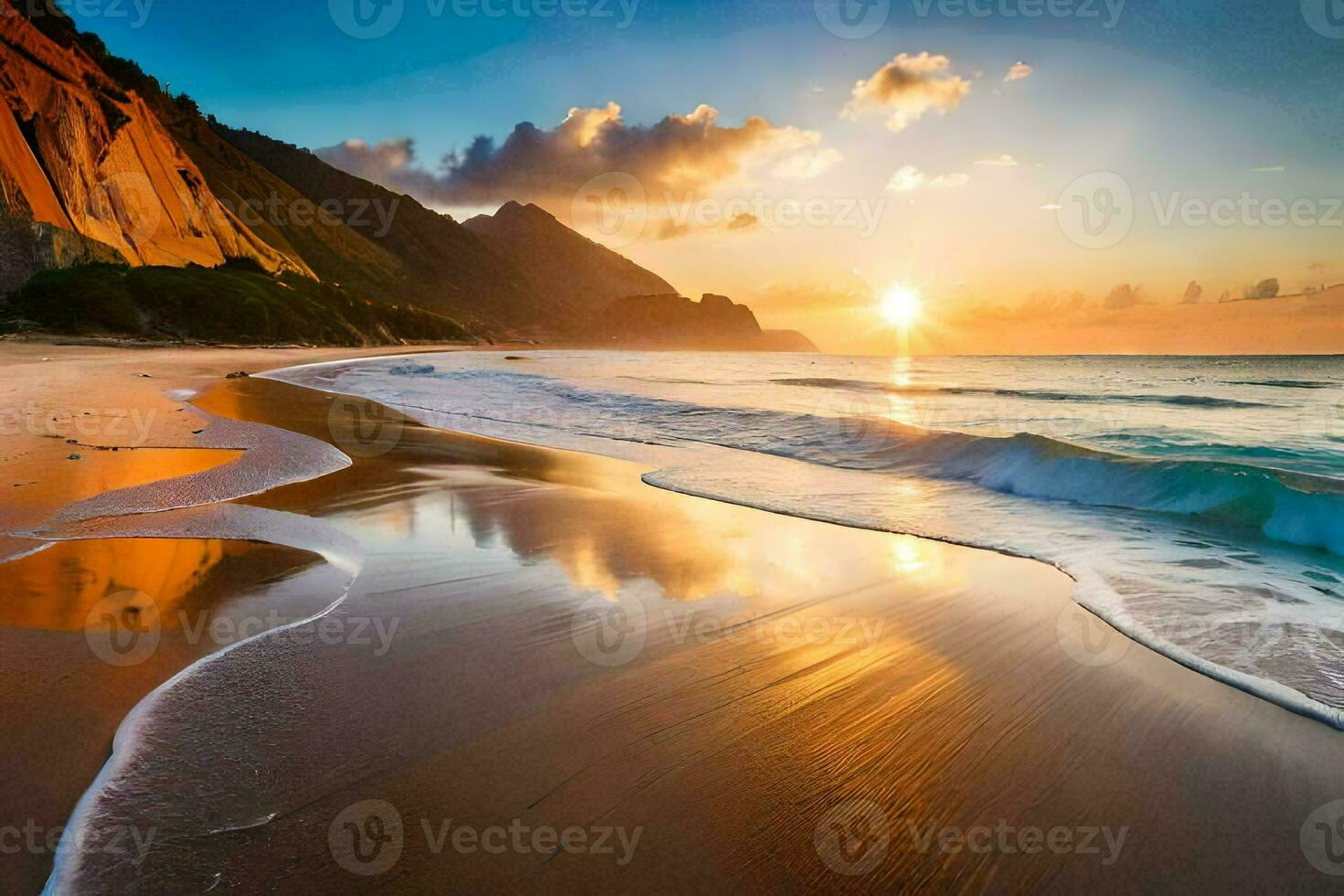 the sun rises over the ocean at sunset. AI-Generated photo
