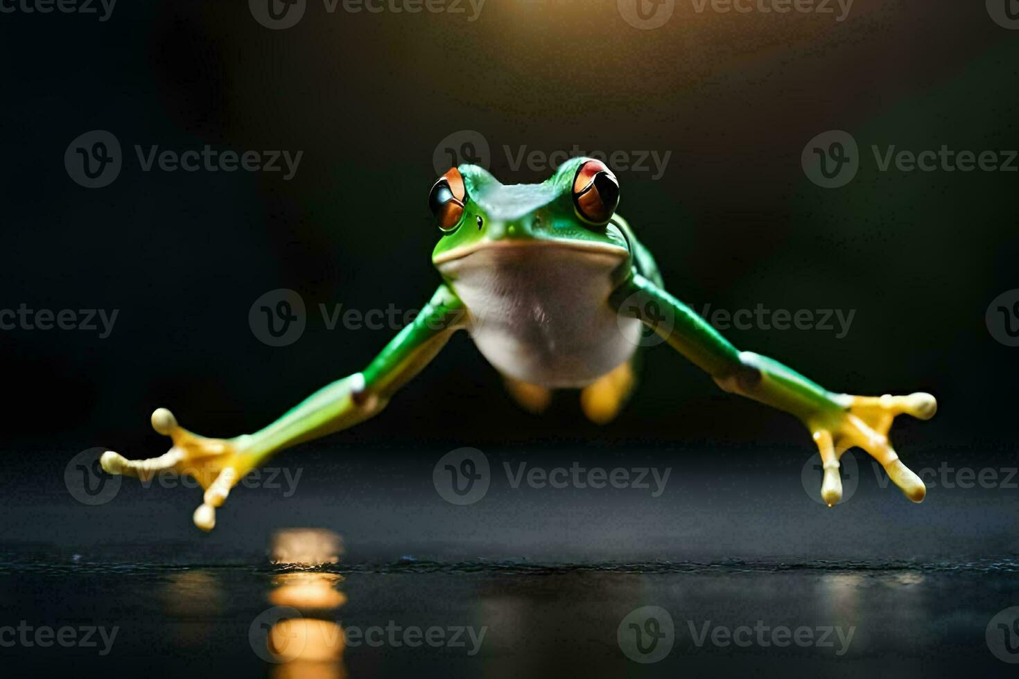 a frog jumping in the air with its legs spread. AI-Generated photo