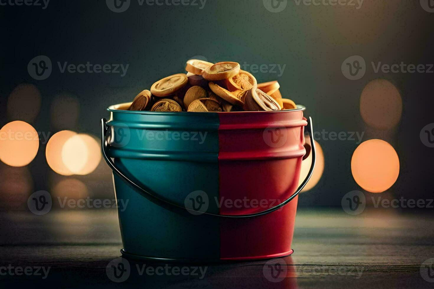 un Cubeta lleno con galletas en un mesa. generado por ai foto