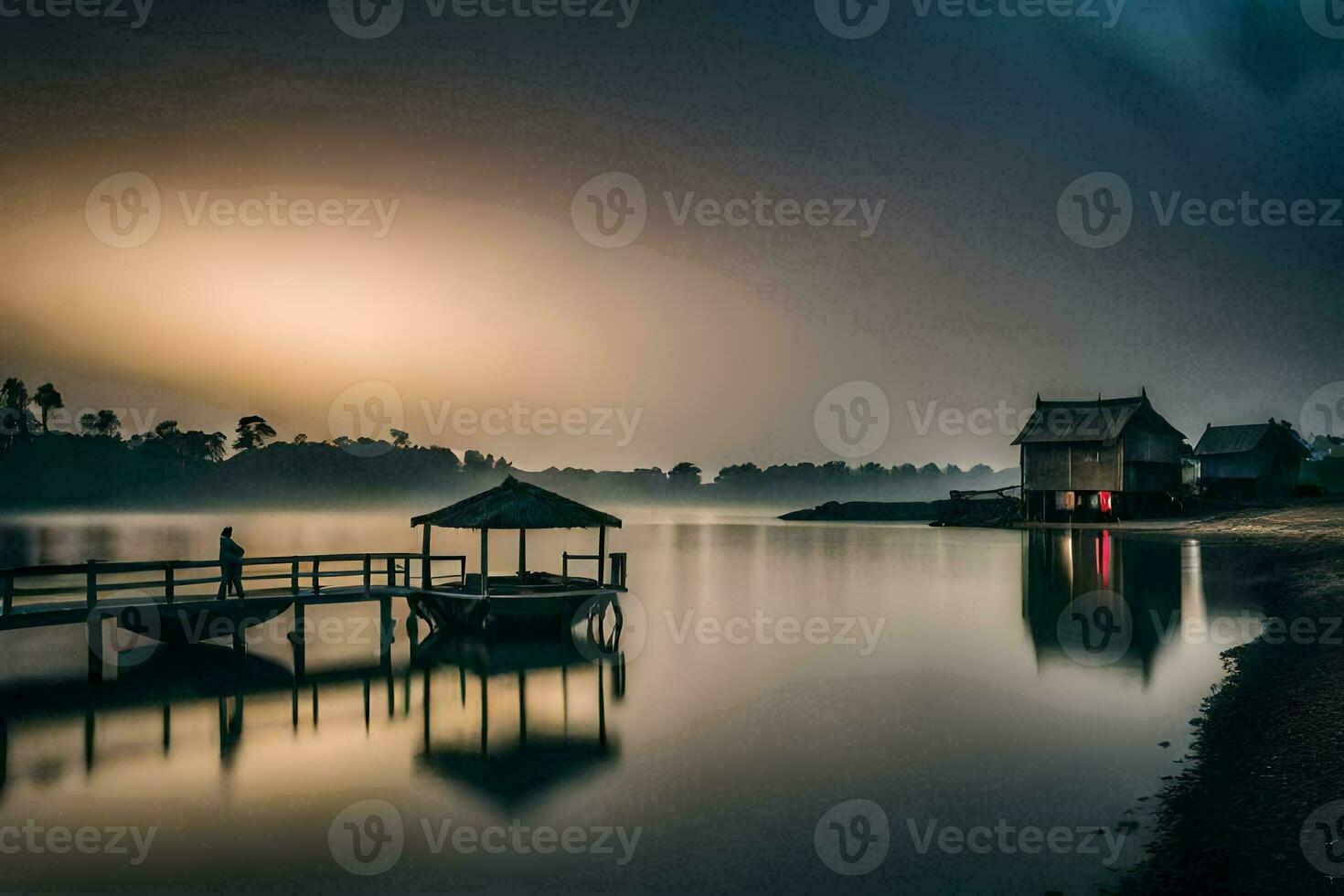 a boat dock and a house on the water at dusk. AI-Generated photo