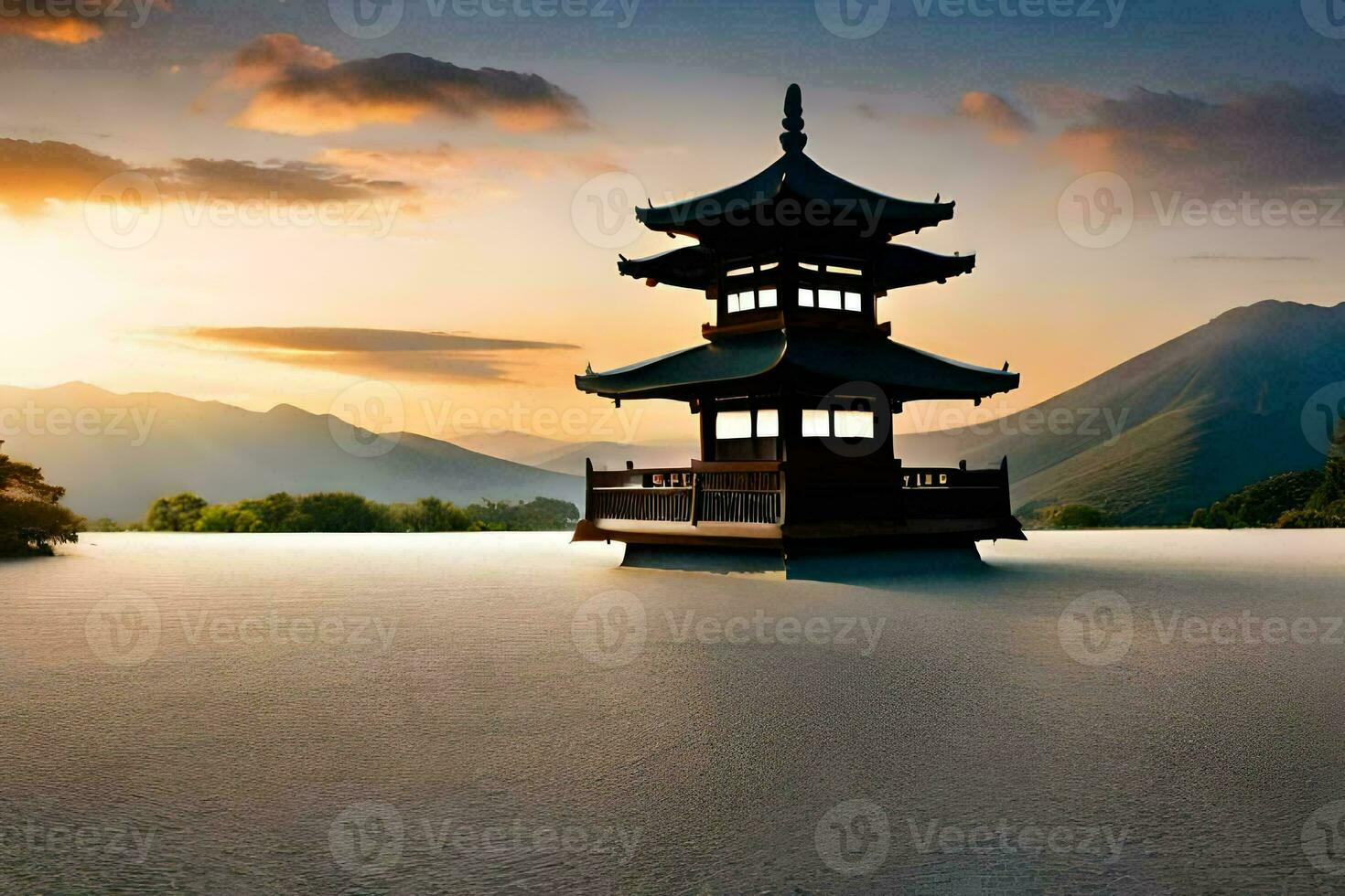 a pagoda sits on the edge of a lake at sunset. AI-Generated photo