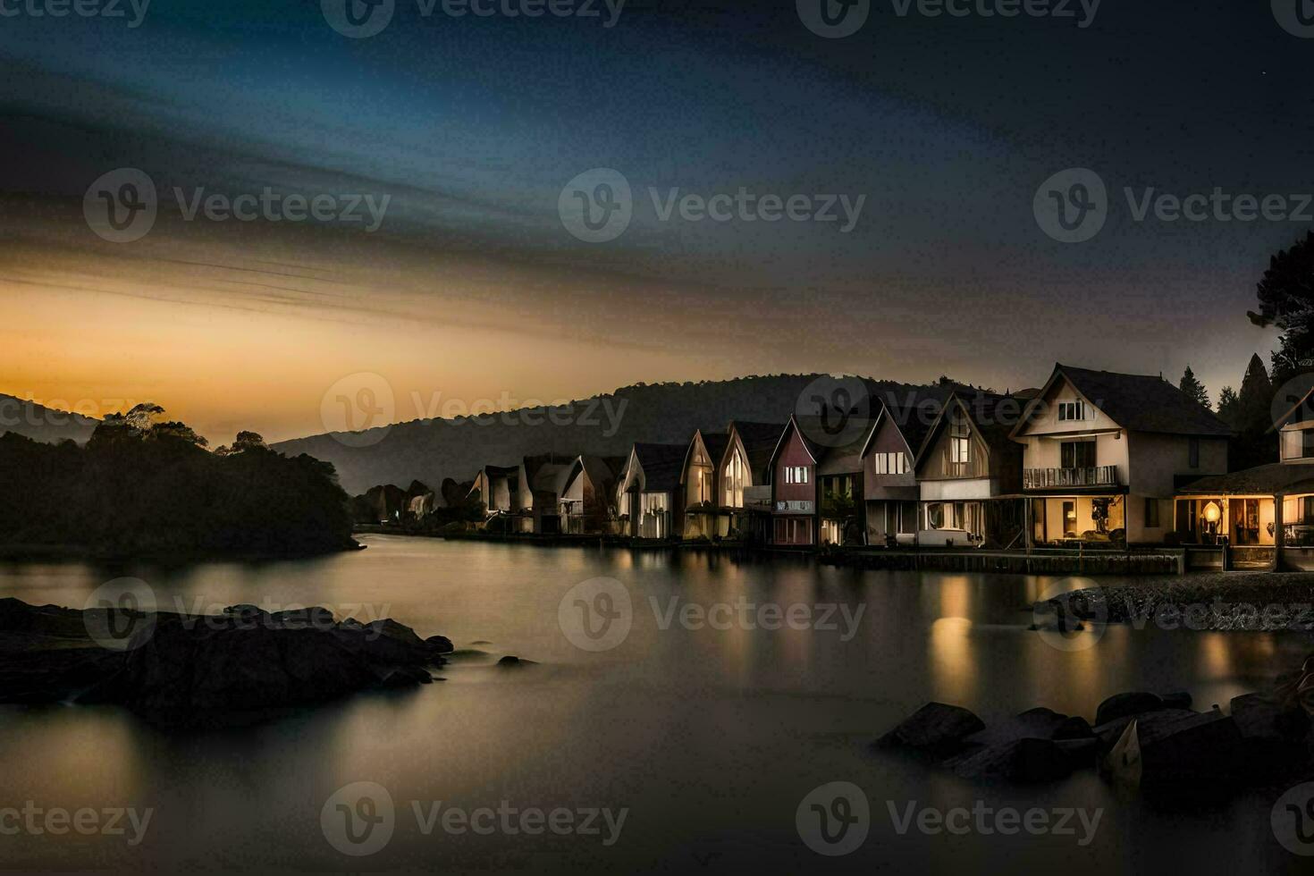 houses on the shore of a lake at dusk. AI-Generated photo