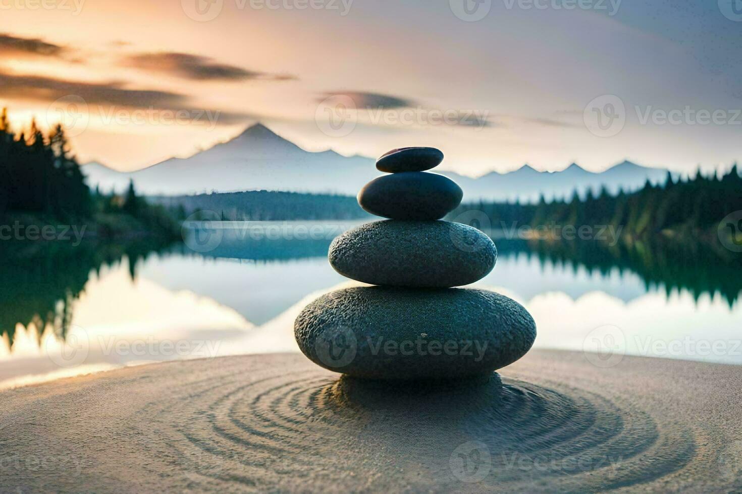 a stack of rocks sitting on the sand near a lake. AI-Generated photo