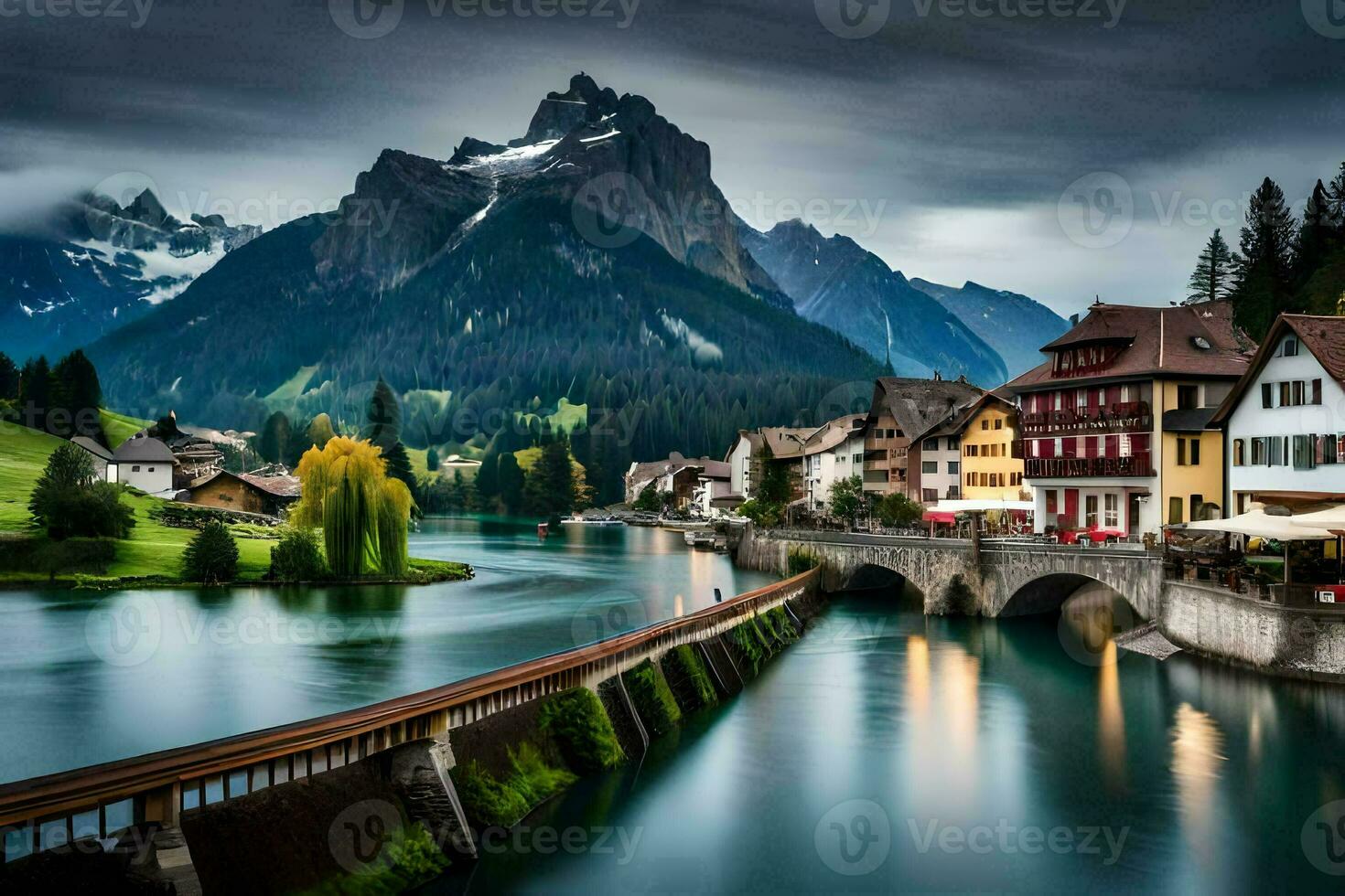 a river and houses in the mountains. AI-Generated photo