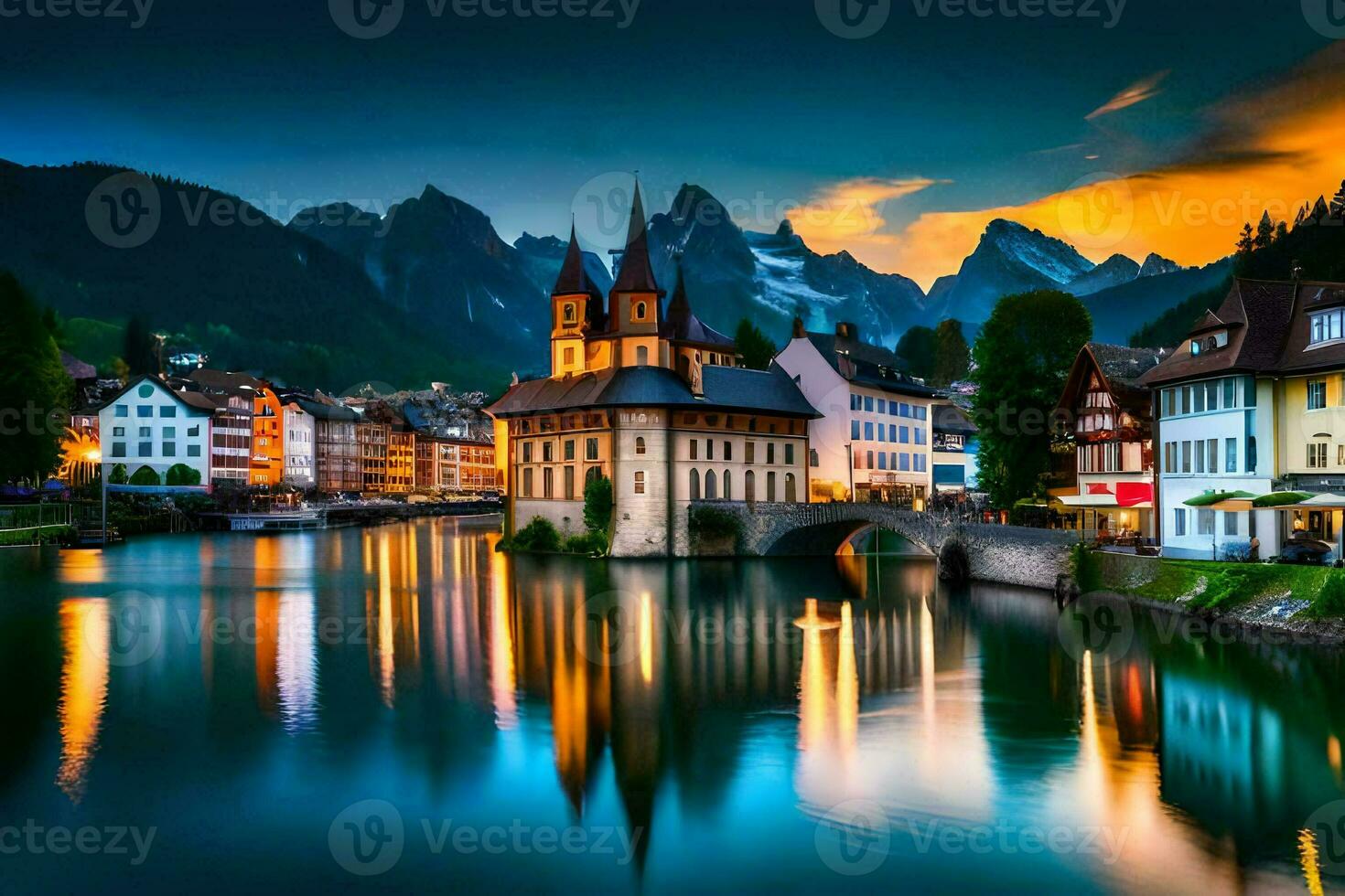 photo wallpaper the sky, mountains, lake, switzerland, europe, the city, euro. AI-Generated