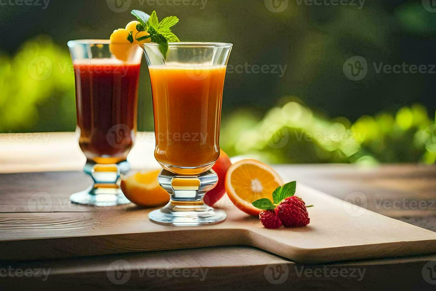 dos lentes de jugo con Fresco Fruta en un de madera mesa. generado por ai foto