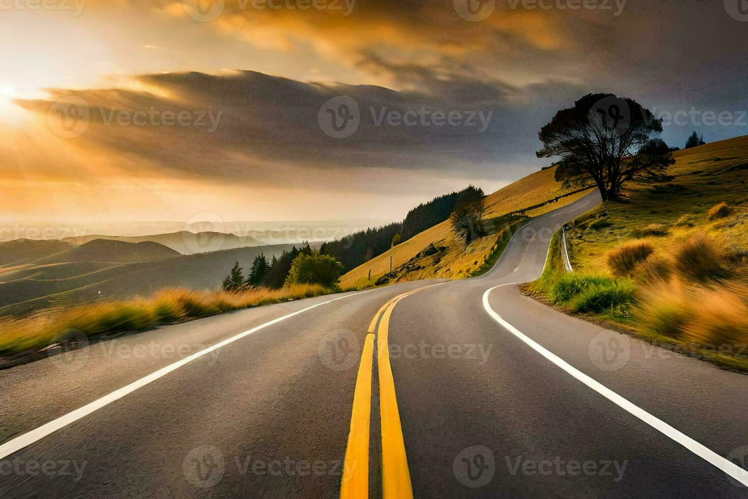 a road with a sunset in the background. AI-Generated photo