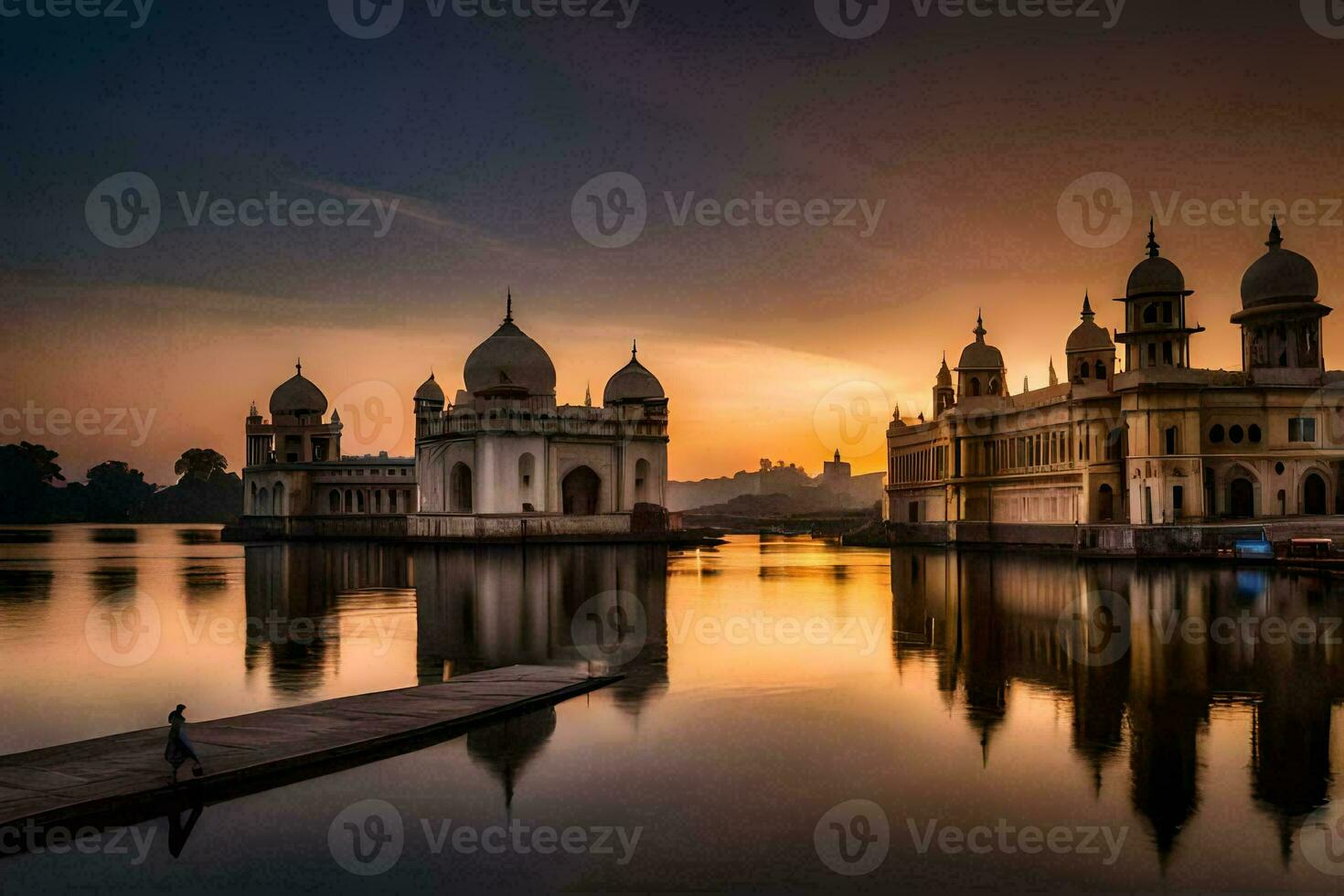 the sun sets over the lake in front of a palace. AI-Generated photo