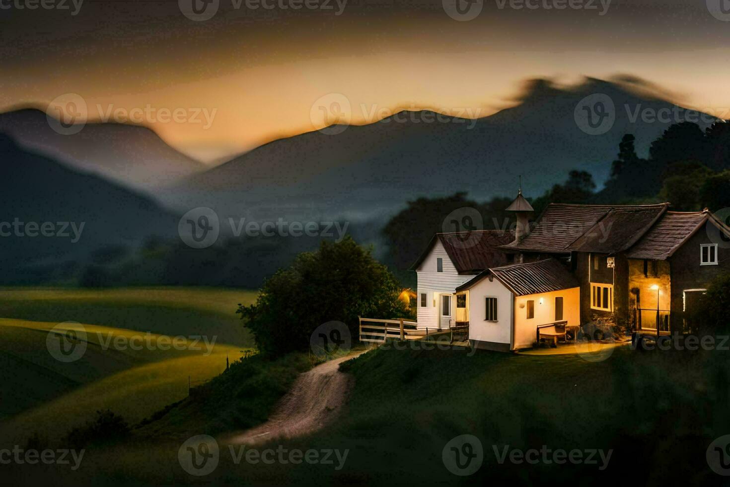 photo wallpaper the sky, mountains, house, landscape, the countryside, the mountains, the house. AI-Generated