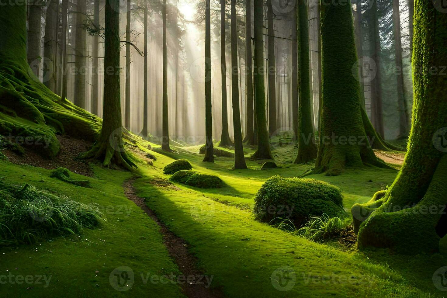 a path through a forest with mossy trees. AI-Generated photo
