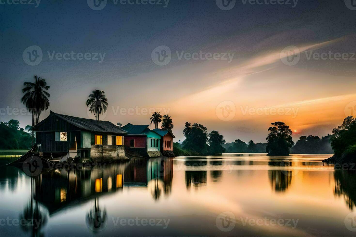 a houseboat on the river at sunset. AI-Generated photo