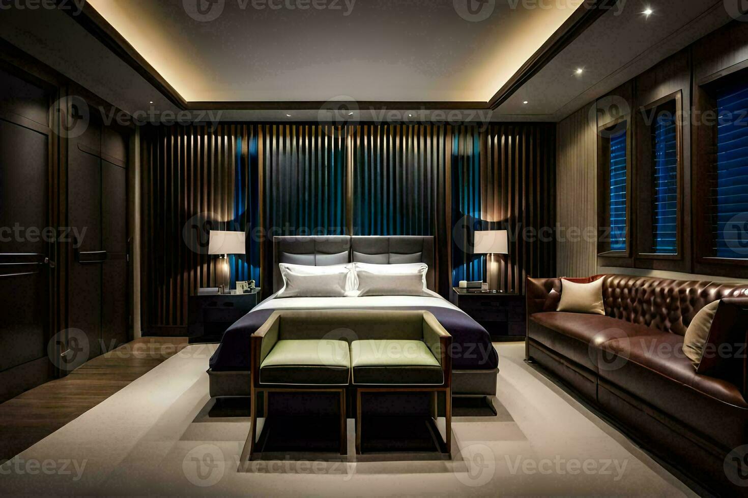 un dormitorio con un cama, sofá y lámparas generado por ai foto