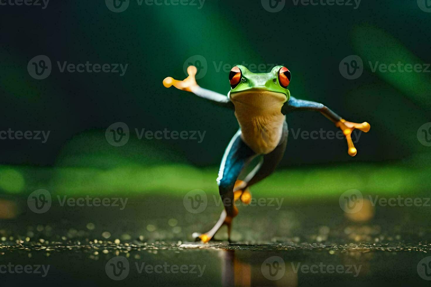 a frog jumping on the ground with its legs spread. AI-Generated photo