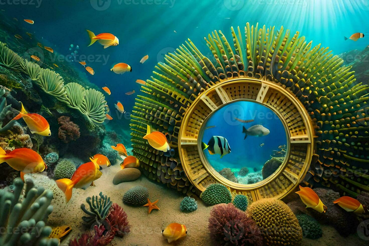 a circular window in the ocean with fish and coral. AI-Generated photo