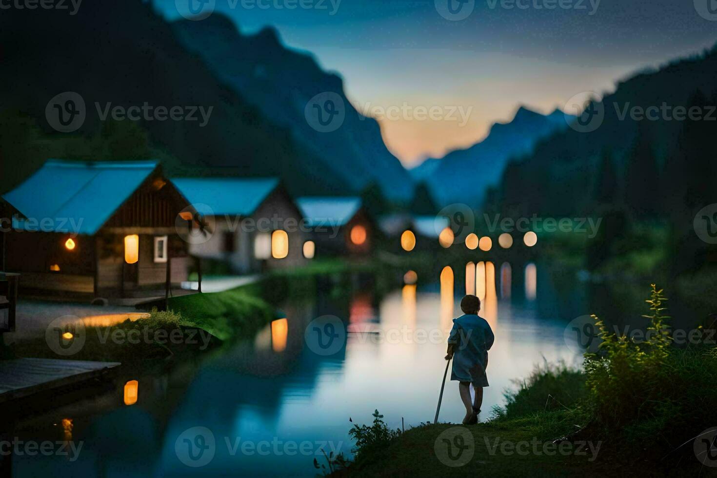 a boy stands on the edge of a river at dusk. AI-Generated photo
