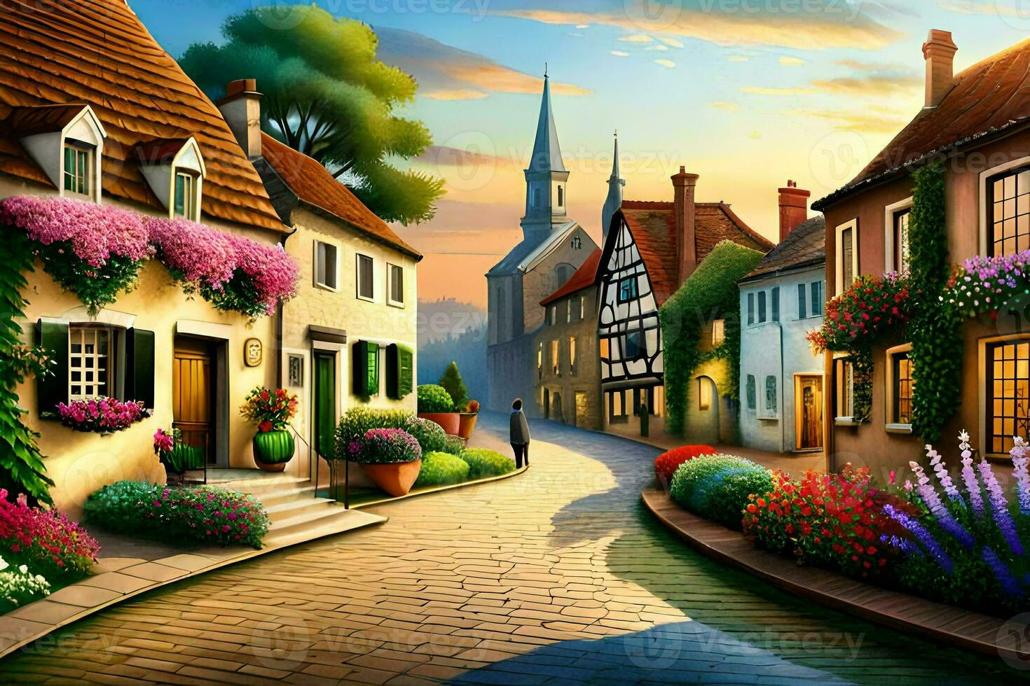 a painting of a street with flowers and houses. AI-Generated photo