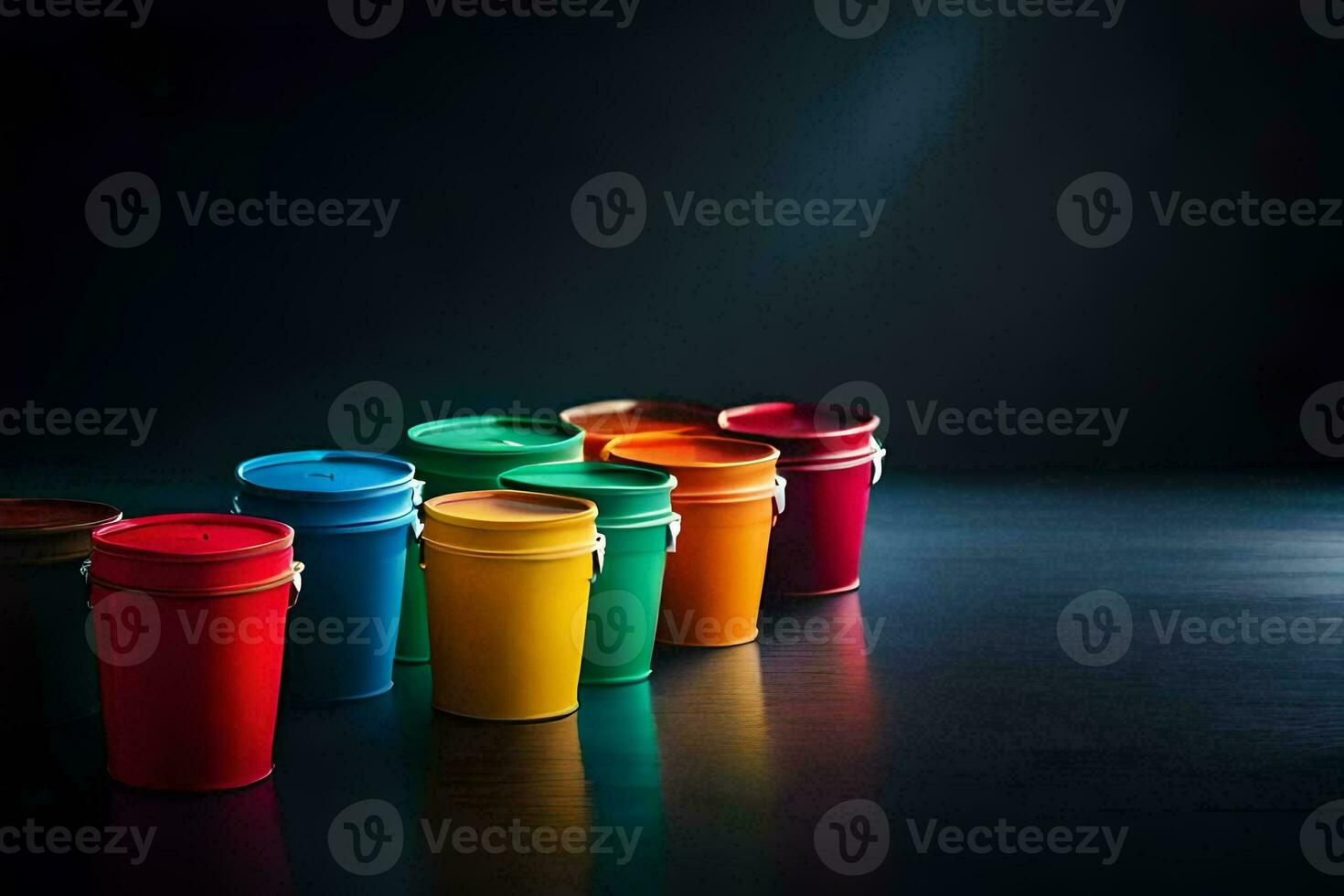 a row of colorful plastic cups on a dark surface. AI-Generated photo