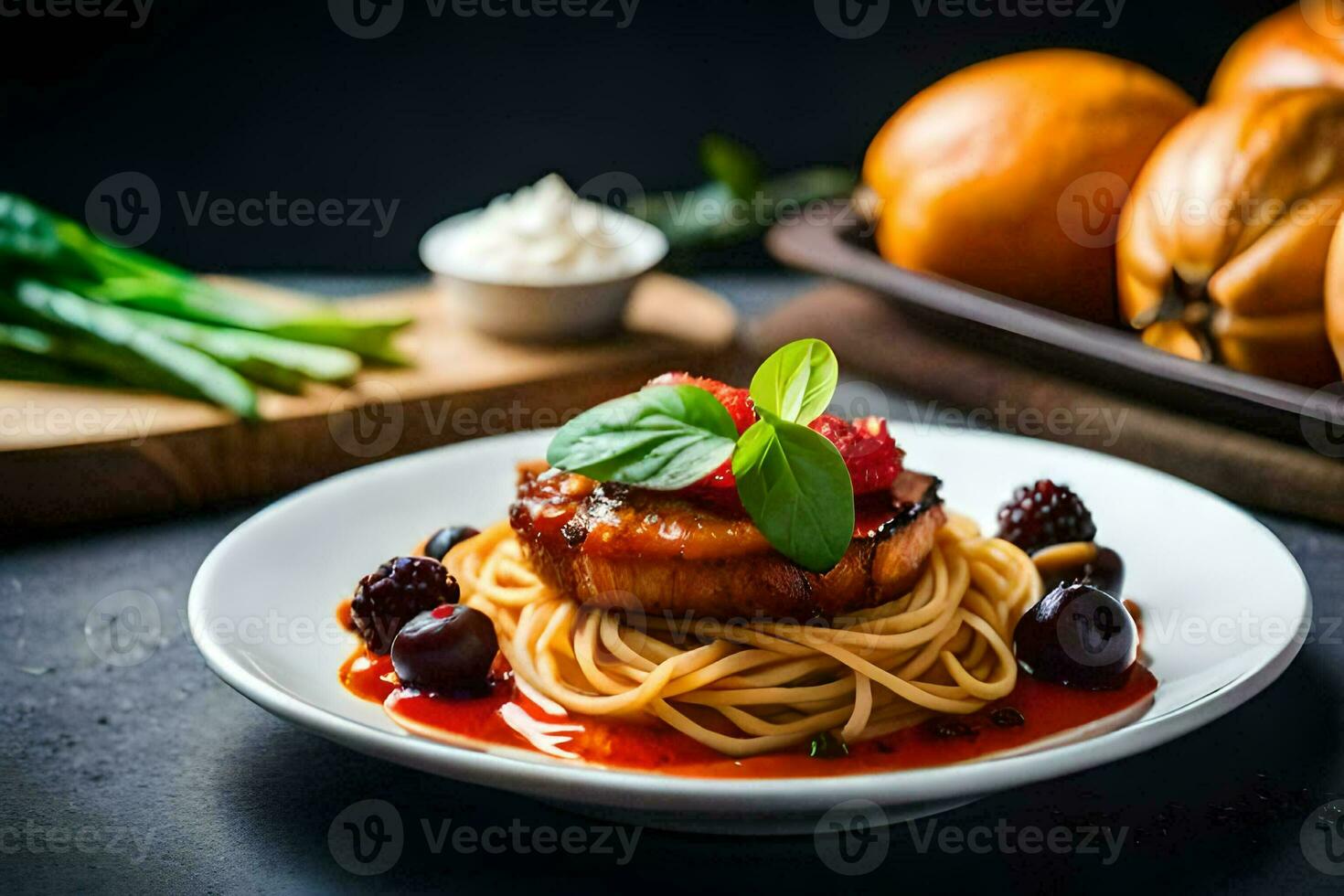the food is served on a plate with a knife and fork. AI-Generated photo