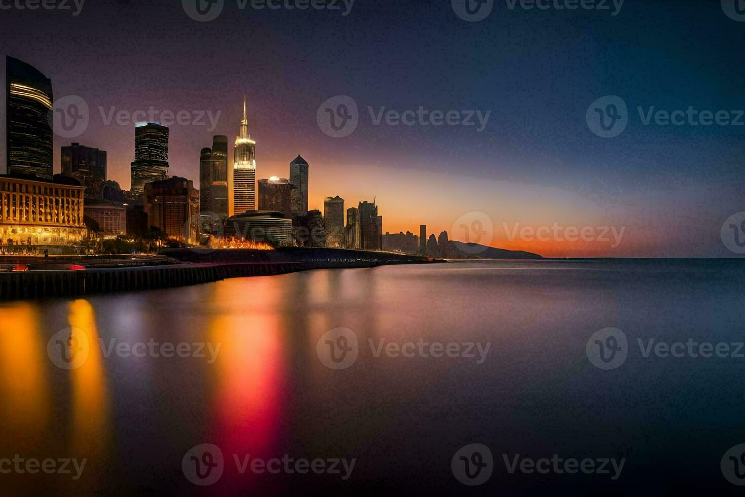 the city skyline at sunset in chicago. AI-Generated photo