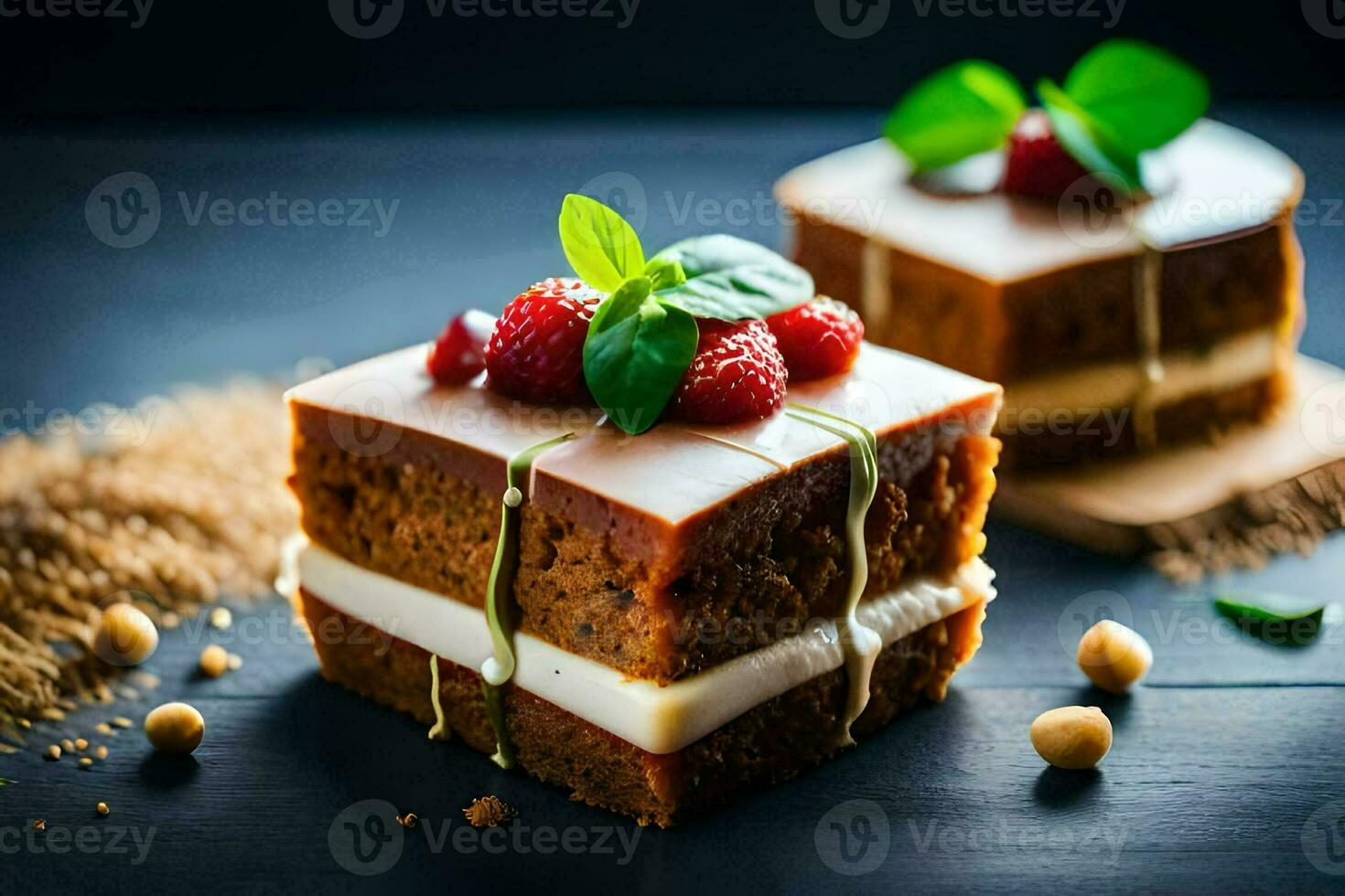 two pieces of cake with raspberries on top. AI-Generated photo