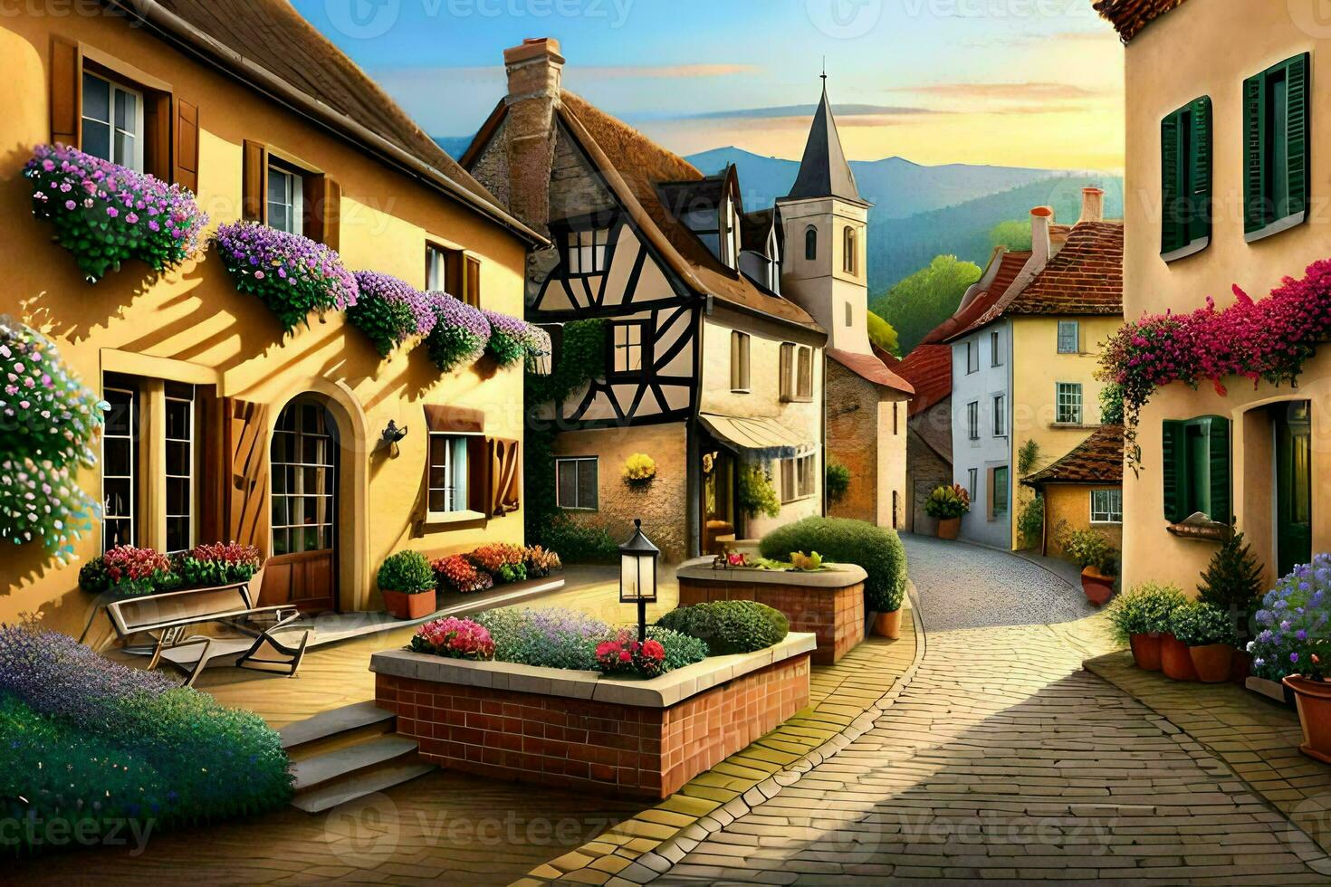 a painting of a street in a small town. AI-Generated photo