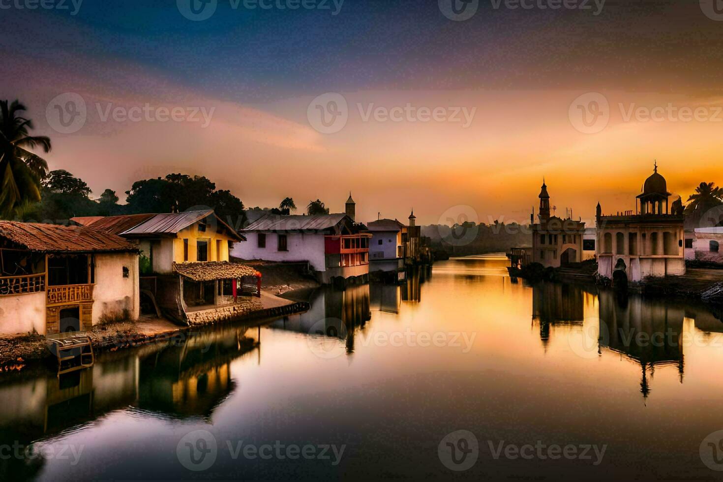 a river in the middle of a town at sunset. AI-Generated photo