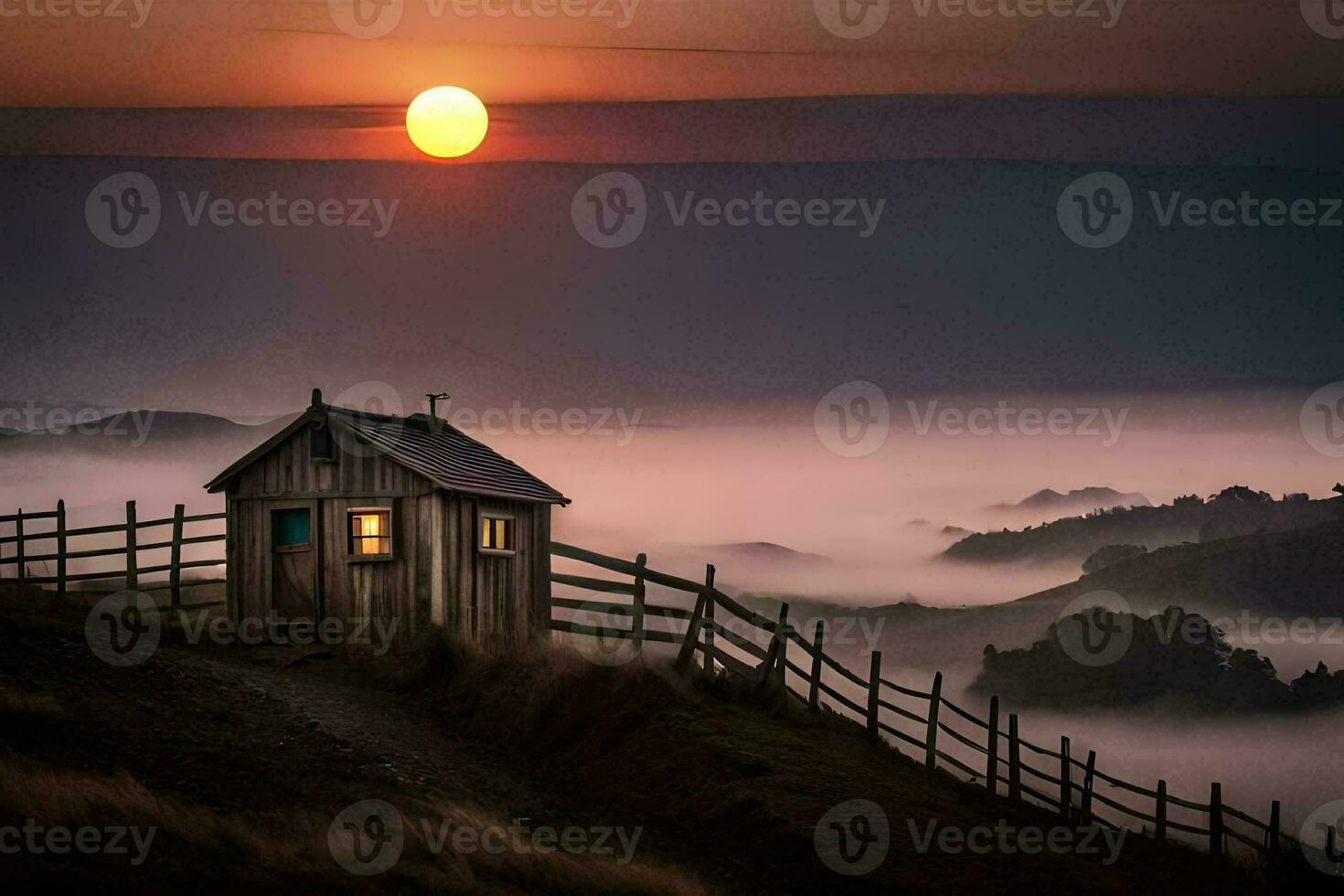 a small cabin sits on a hill overlooking the sun. AI-Generated photo